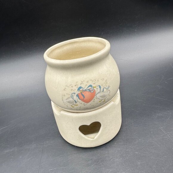 Vintage Potpourri Wax Warmer Heart Cutouts Blue Bow Goose 1980s Ceramic Cottage - Picture 1 of 11